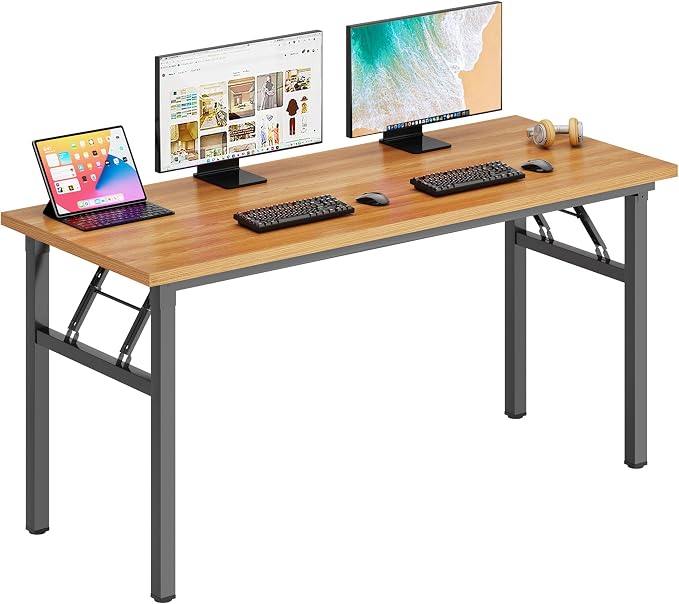 DlandHome 62 Inch Large Folding Computer Desk, Fully Assembled, Teak Black | Foldable Writing Table for Bedroom Dorm, Conference Table for Home Office, Wood Top Metal Frame, Collapsible Easy Storage by DlandHome