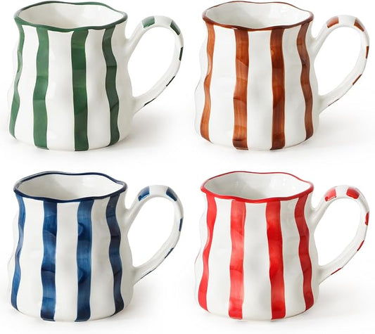 Ceramic Coffee Mugs Set of 4,Cute Mugs (Striped),14 oz Large Cups For Latte Tea Milk，Hand Painted Coffee Mugs Set Dishwasher Microwave Safe by MithrgrousLife