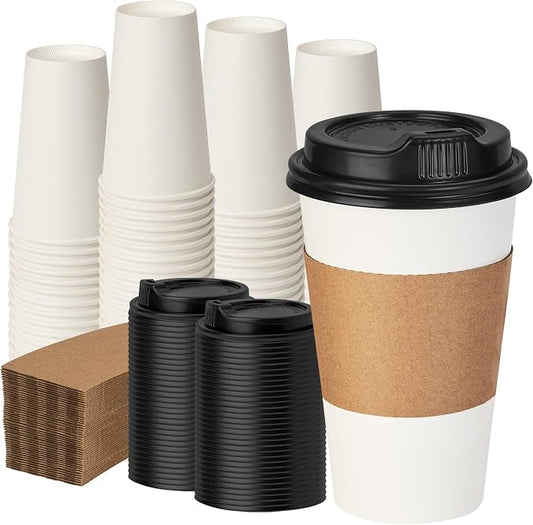 16 oz 100 Pack Coffee Cups with Lids and Sleeves, Hot Paper Coffee Cups with Lids, Disposable To Go Cups with Lid for Coffee, Tea, Hot Chocolate, Ideal for Cafes, Offices and Travel by VPACKDUO
