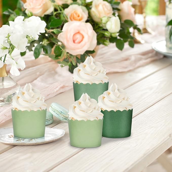 Whaline 120Pcs Sage Green Paper Baking Cups Scalloped Edge Cupcake Wrappers Gradient Green Cupcake Muffin Cases for Wedding Birthday Baby Shower, 3 Colors - Image 6