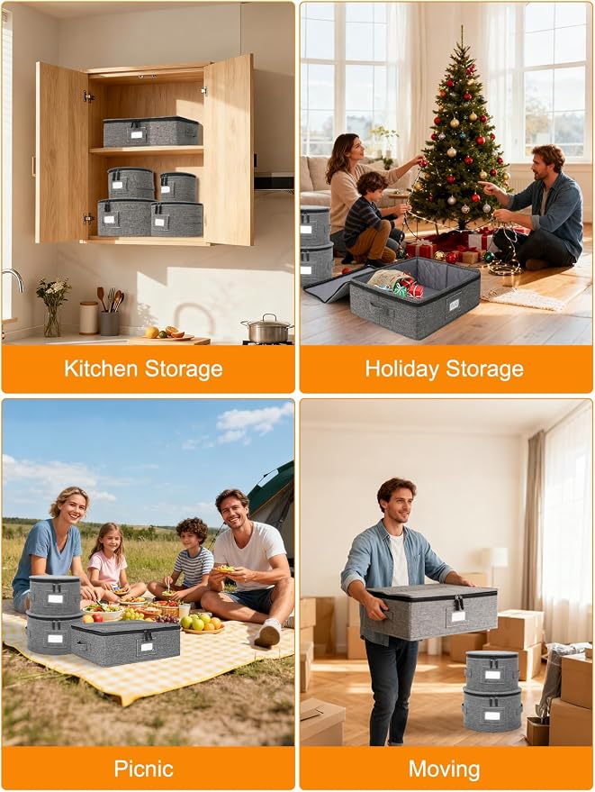 punemi China Storage Containers, 6-Piece Hard Shell Set for Moving Boxes | Mug, cup and wine glass organizers with dividers and carry handles for dinnerware, glassware and stemware, grey - Image 6