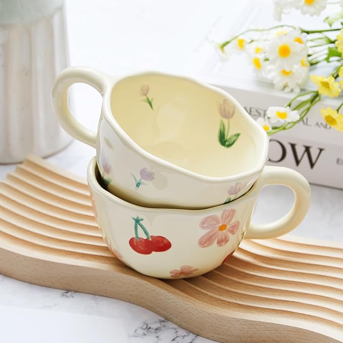 Vesici 2 Pcs Ceramic Coffee Mugs with Spoon, Vintage Floral Spring Mugs with Handle, 8.5 oz Aesthetic Flower Porcelain Tea Cup Set, Dishwasher & Microwave Safe Mothers Day Gifts for Mom(Cute) - Image 6