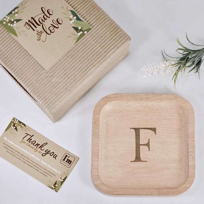 I'm Wooden Personalized Letter Catchall Valet Tray Trinket Dish Jewelry Tray Key Bowl Decorative Plate Organizing Ring Earrings Necklaces Bracelet Watch Coins Wallet Holder (6"x6" Sq Natural F)