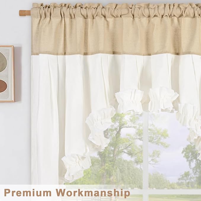 Likiyol Linen Swag Curtains Farmhouse Ruffle Valances for Windows Rustic Country Window Valances Light Filtering Kitchen Curtains Rod Pocket Valance for Bathroom Cafe, Linen White, 60" W x 36" L - Image 5