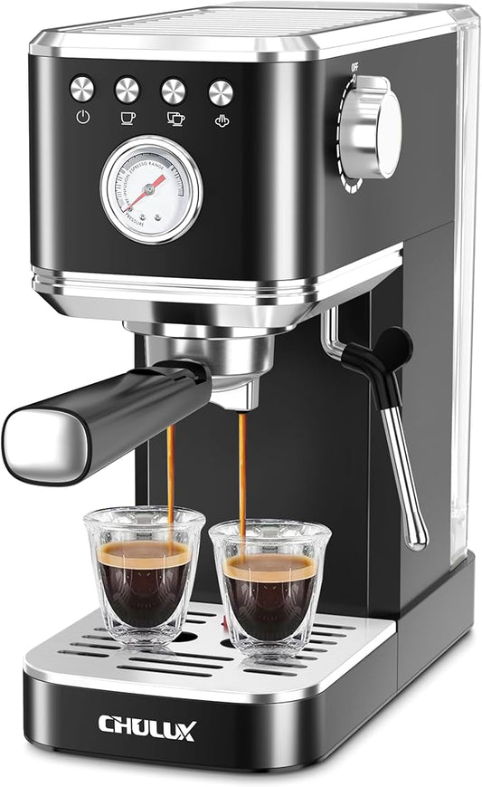 CHULUX Slim Espresso Machine with Milk Frother Steam Wand, 20 Bar Professional Italian Pump Espresso Coffee Machine for Home Cappuccino & Latte Maker, Black Stainless Steel