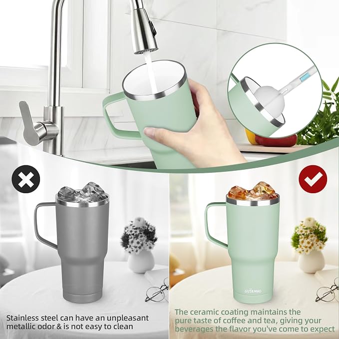 20 oz Insulated Coffee Mug with Ceramic Coating, Stainless Steel Travel Mug Tumbler with Handle Lid and Straw, Double Wall Leak-Proof Coffee Travel Mug Keeps Drink Hot and Cold (Matcha) - Image 5