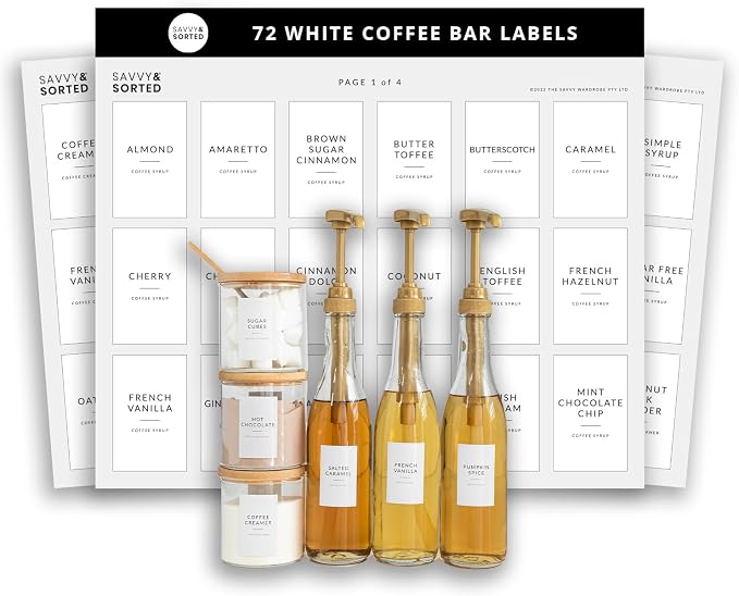 SAVVY & SORTED Coffee Bar Essentials Labels Stickers | 72 Coffee Syrup Labels Coffee Station Organizer by SAVVYSORTED%C2%AE