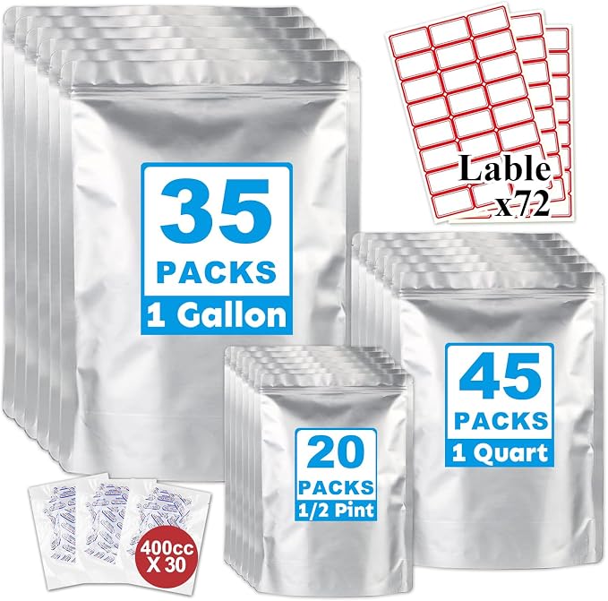 100PCS 3Size Mylar Bags for Food Storage with Oxygen Absorbers&Labels,10Mil Thick Resealable Zipper&Heat Seal Stand Up Pouches for Packaging Long Term,Dried Food by HomePage