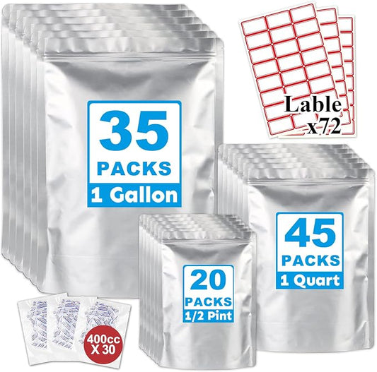 100PCS 3Size Mylar Bags for Food Storage with Oxygen Absorbers&Labels,10Mil Thick Resealable Zipper&Heat Seal Stand Up Pouches for Packaging Long Term,Dried Food by HomePage