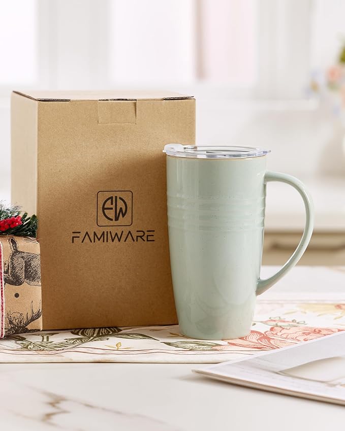 famiware Jupiter Large Coffee Mug, 20oz Coffee Mug with Lid, Ceramic Mugs Set of 4, Cup Set with Handle for Latte, Tea, Cocoa, Milk, Microwave and Dishwasher Safe, Light Green and Vanilla White - Image 8