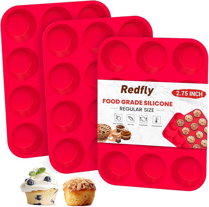 Redfly 3 Pack Silicone Muffin Pans for Baking & Cupcake Pan - 12 Cup Regular Size Silicone Molds, BPA Free Egg Bites Mold by Redfly