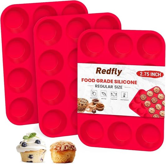 Redfly 3 Pack Silicone Muffin Pans for Baking & Cupcake Pan - 12 Cup Regular Size Silicone Molds, BPA Free Egg Bites Mold by Redfly
