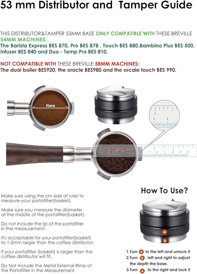 MATOW 53mm Coffee Distributor and Tamper, Dual Head Coffee Leveler Compatible with Breville 54mm Portafilter, Adjustable Depth- Professional Espresso Hand Tampers