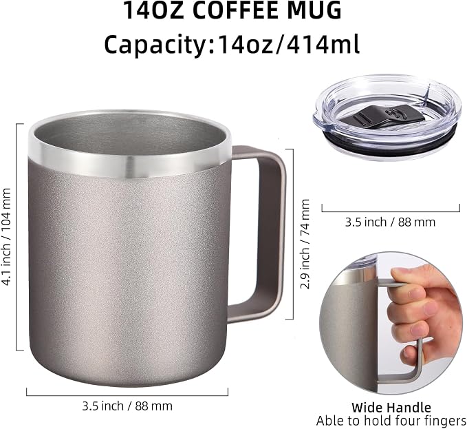 Volhoply 14oz Insulated Stainless Steel Coffee Mug with Lid Bulk 8 Pack,Double Wall Vacuum Travel Coffee Cup with Handle,Reusable Metal Cups Tumbler,Camping Mugs Keep Hot,Ideal Gifts(Gray,8 Set) - Image 2