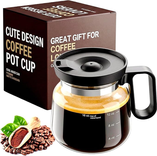 Coffee Pot Mug with Lid, 16oz Glass Mini Coffee Pot Cup, Heat-Resistant Clear Travel Mug, Spill-Resistant Novelty Coffee cup for Office Desk & Coffee Lovers gift by BohodiyCShapedEndTable