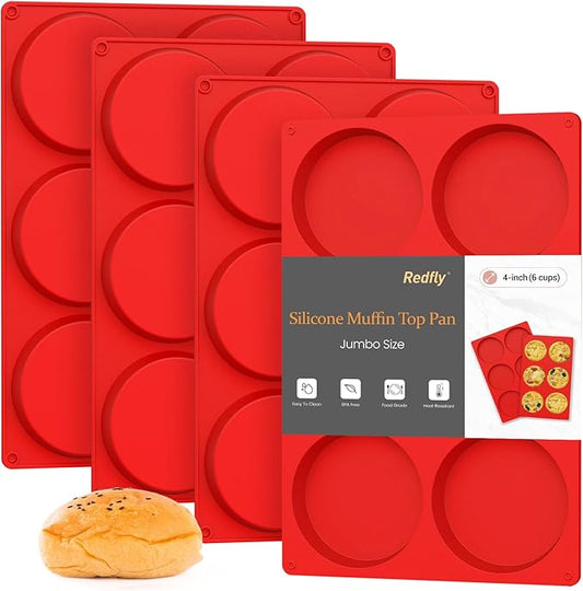Redfly Silicone Egg Molds for Breakfast Sandwiches 4 Pcs, Non Stick 4 Inch Egg Bites Baking Pans, Jumbo Silicone Muffin Pans for Baking, Round Muffin Top Pan for Whoopie Pie Pan, Hamburger, Fruit Tart