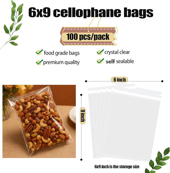 Nobranded 100 pcs Clear 6" x 9" Self Seal Cello Cellophane Bags Resealable Poly Bags 2.8 mils for Cookie, Candy, Gift Bakery, Prints, Photos, Cards & Envelopes, Party Decorative - Image 2