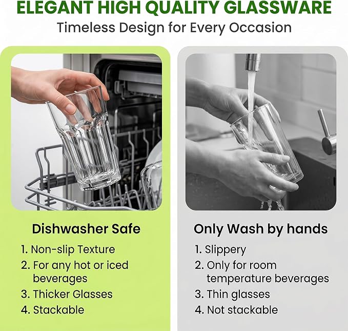 Mapoxy 16oz Highball Glasses Set of 6, Thick Lead-Free Glass Tumblers | Clear Drinking Glasses with Heavy Base for Water, Juice, Beer, Cocktails, Dishwasher Safe Bar Glassware, Ideal Gifts - Image 4