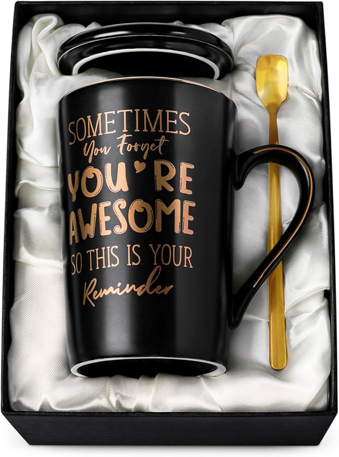 Anniversary Birthday Thank You Gifts for Men, 14oz Unique Black Ceramic Mug | Sometimes You Forget You're Awesome - Gold Print Inspirational Cup, Funny Valentines Day Presents for Boyfriend Husband Him by ALBISS