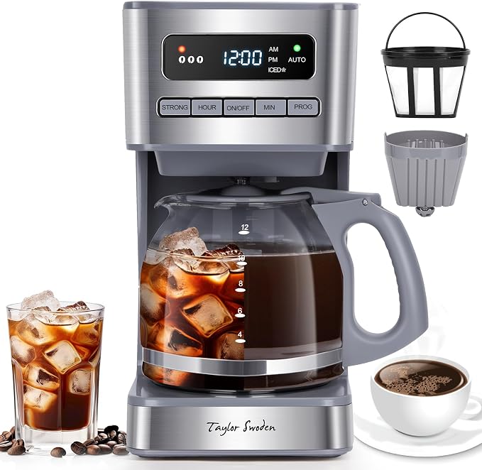 Taylor Swoden Iced Coffee maker 12 Cup, Gray & Stainless Steel | Programmable Coffee Maker, 4 Brew Strength, 24H Timer, Keep Warm&Auto Shutoff- Drip Coffee Machine for Home/Office, by TaylorSwoden