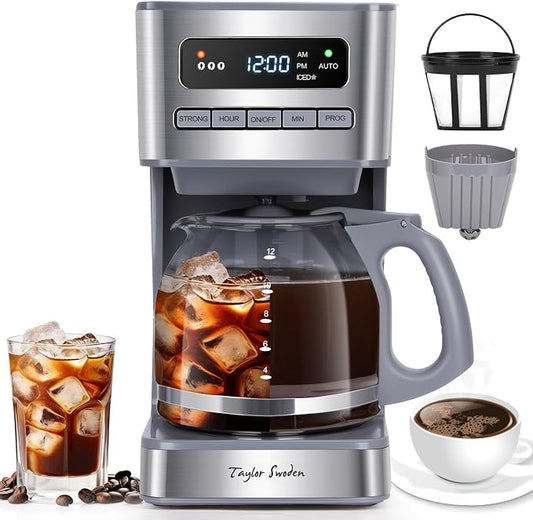 Taylor Swoden Iced Coffee maker 12 Cup, Gray & Stainless Steel | Programmable Coffee Maker, 4 Brew Strength, 24H Timer, Keep Warm&Auto Shutoff- Drip Coffee Machine for Home/Office, by TaylorSwoden