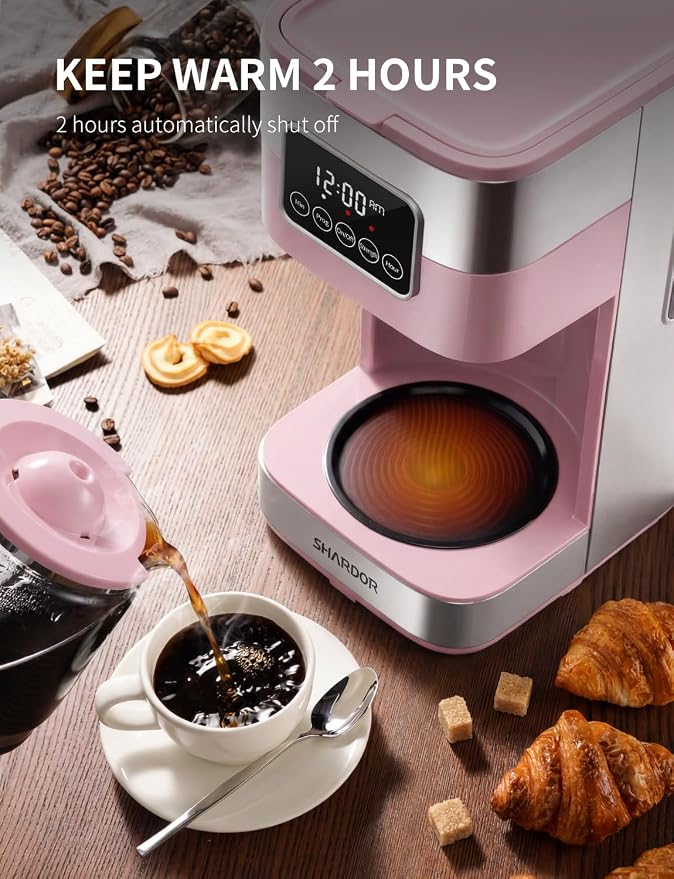 SHARDOR 10-Cup Programmable Coffee Maker, Regular & Strong Brew Drip Coffee Machine for Home and Office, Auto Shut Off, Permanent Filter (pink) - Image 5
