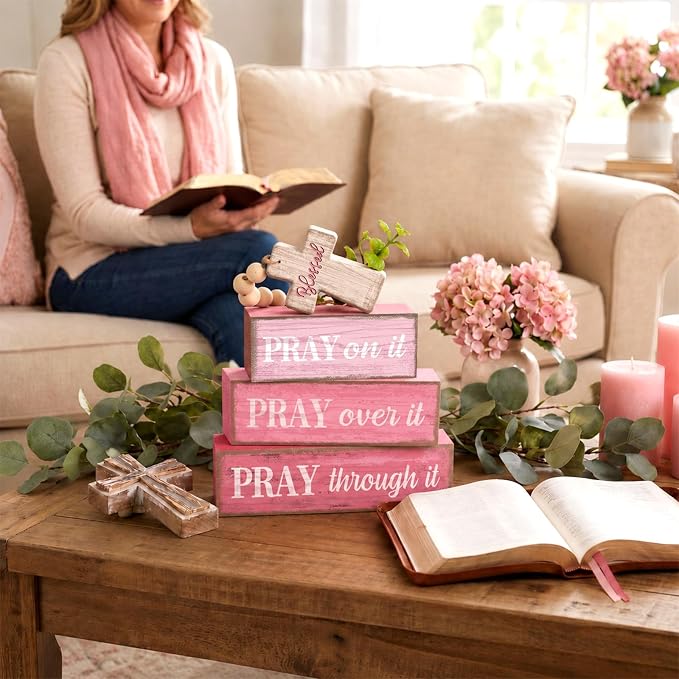 Moucuny 4 Pcs Pink Christian Table Decor Cross Wooden Bible Verse Sign Religious Pink Pray Block Signs Gifts with Beaded Garland Tassel Artificial Plant Farmhouse Christian Home Decor for Office Shelf - Image 5