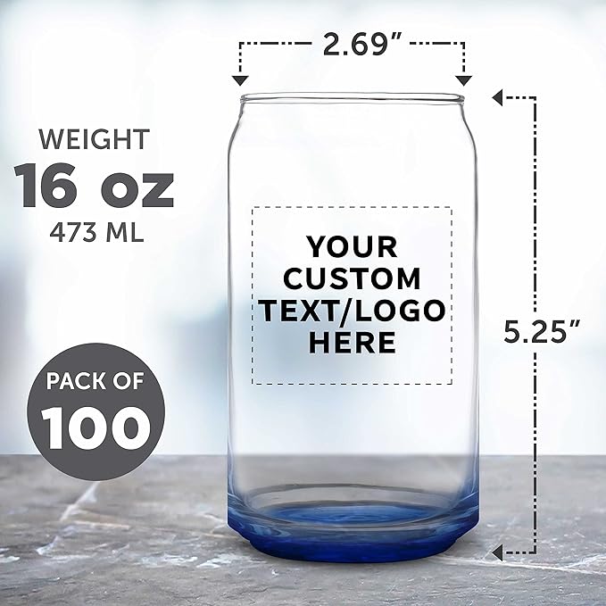 Custom Beer Can Glasses Set of 100, 16 oz. Pint Sized, Promotional Text, Logo, Soda Can Shape, Glassware, Blue