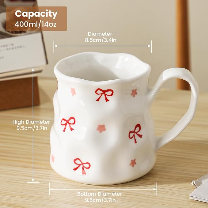 Ceramic Cute Coffee Mug,14 oz Pretty Mug,Unique Coffee Mug (Bows).Ceramic Mug For Women,Hand-Painted Coffee Cup - Image 3