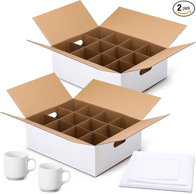 MotiMind 2 Sets Mug Moving Boxes with Divider Kits 17 x 13 x 6 Inches Mug Packing Shipping Box Kitchen Moving Boxes Storage Carrier with 18 Pcs Foam Pouches and Handles for Glasses Cup Wine Packing by MotiMind