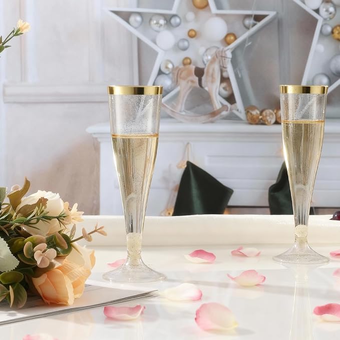 Bestluck 100 Pack 4.5 oz Gold Glitter Champagne Flutes Plastic | Plastic Disposable Stemware with Gold Rim, Disposable Champagne Flutes for Party, Mimosa Bar, Wedding, Anniversary - Image 5