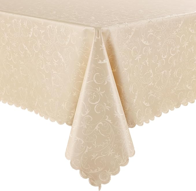 Smiry Rectangle Waterproof Heavy Duty Vinyl Tablecloths, 60 x 120 Inch | Wipeable Washable Floral Embossed Table Cover for Kitchen and Dining Room, Indoor & Outdoor Use, Cream by Smiry
