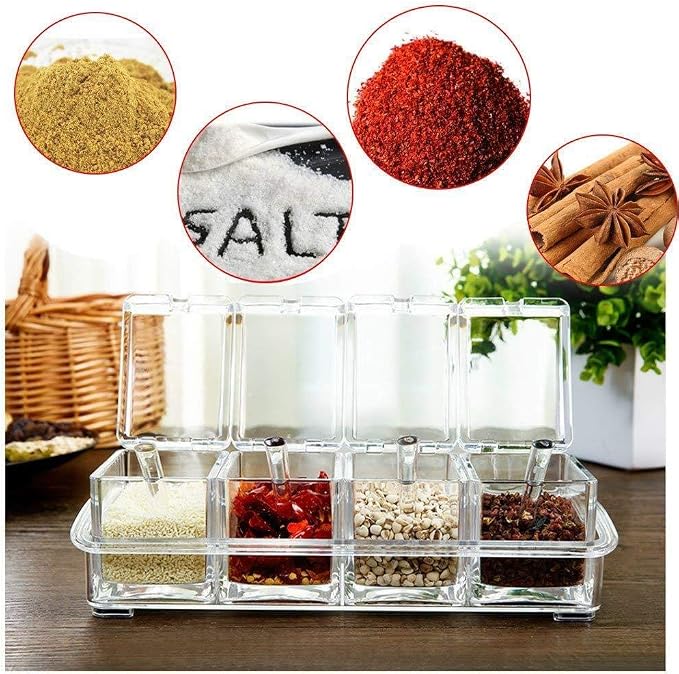 Clear Seasoning Rack Spice Pots by AIQI - 4 Piece Acrylic Seasoning Box - Storage Container Condiment Jars - Cruet with Cover and Spoon - Image 5