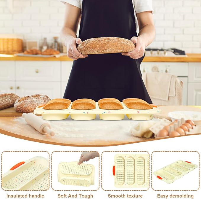 Silicone Bread Loaf Pan, 4-cavity Non-Stick Baguette Bread Pan Heat Resistant Hot Dog Bun Mold, for Sub Roll Baking Pan Bread Pans for Homemade Bread（Beige）