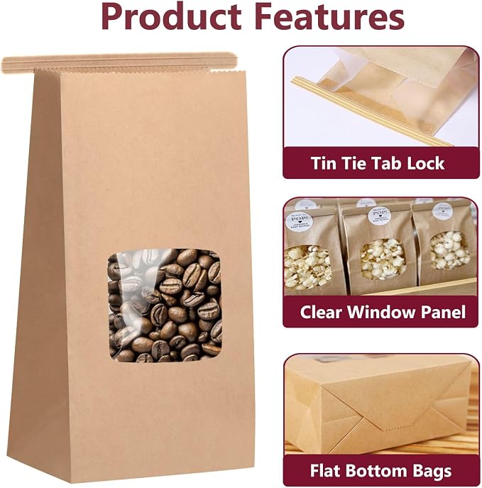 Brown Paper Bakery Bags with Window for Cookies, 3.54 x 2.36 x 6.7 inches, 50 Pack with Tin Tie Tab Lock, Brown Paper Bags for Cookie Coffee Bread Bakery Packing - Image 4