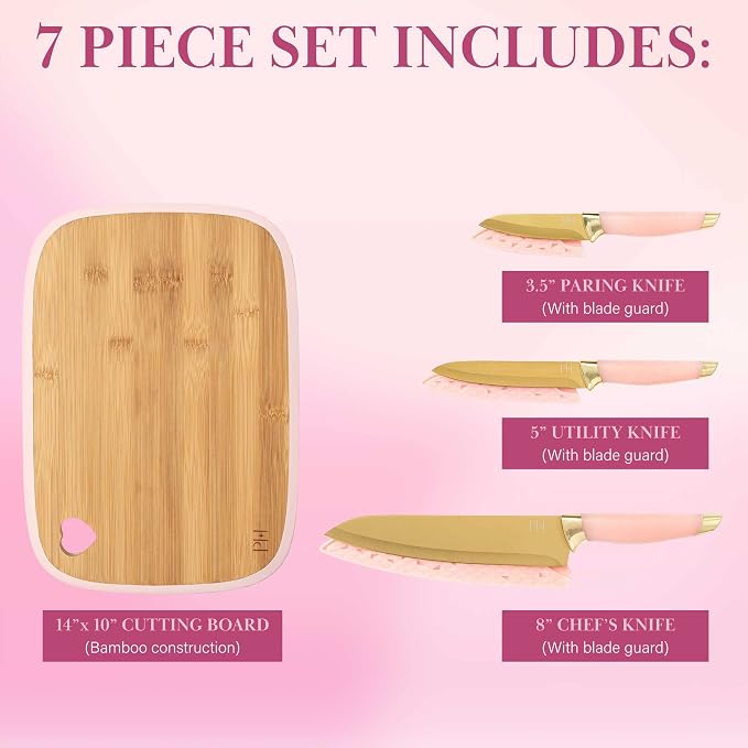 Paris Hilton Bamboo Cutting Board for Kitchen, Reversible Cutting Board and Cutlery Set with High Carbon Stainless Steel Knives and Blade Guards, Comfortable Handle Grips, 7-Piece Set, Gold and Pink - Image 4