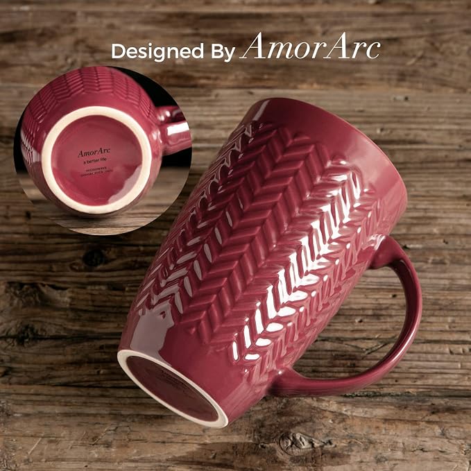 AmorArc Extra Large Coffee Mugs Set of 6, 20oz Ceramic Tall Coffee Mugs with Textured Geometric Patterns for Latte/Tea/Beer/Hot Cocoa, Dishwasher & Microwave Safe, Burgundy - Image 3