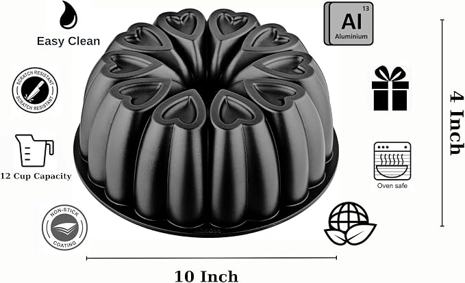 Heart Shape Aluminum Cake Pan, Titanium Coating, Non-Stick, 12 Cups, Heavy Duty, Gifts for Mom, Molded Cake Pan, 10 Inch Baking Mold, Cast Aluminum Fluted Tube Pan, Easy to Clean (Black) - Image 2