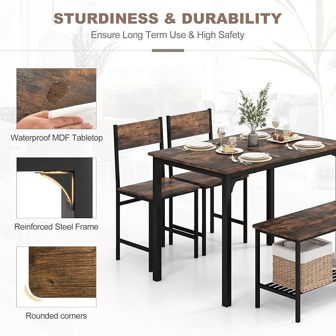 Giantex Dining Table Set for 4, Kitchen Table with Bench and Chairs, Industrial Gathering Bench Dining Set W/Metal Frame & Storage Rack, Dinette Set, Modern Functional Desk Set (Rustic Brown) - Image 4
