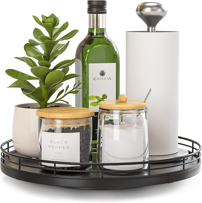 Oroyutor 10-Inch Oak Lazy Susan Countertop Organizer with Black Metal Rail | Rotating oak tray organizes spices, toiletries and decor on kitchen counters, bathroom vanities, dining and coffee tables. by Oroyutor