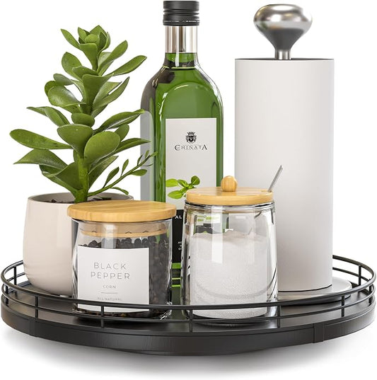 Oroyutor 10-Inch Oak Lazy Susan Countertop Organizer with Black Metal Rail | Rotating oak tray organizes spices, toiletries and decor on kitchen counters, bathroom vanities, dining and coffee tables. by Oroyutor