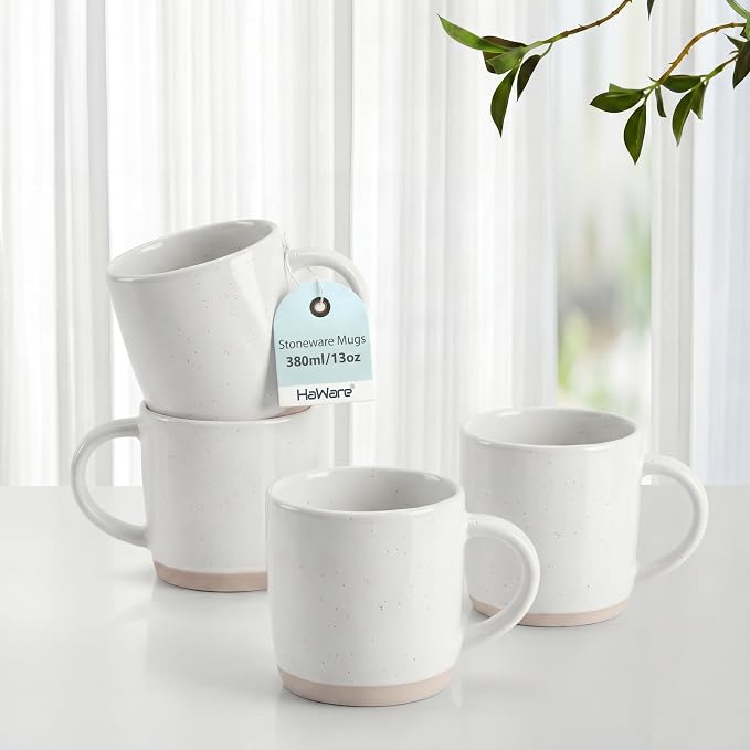 HaWare 13OZ Coffee Mugs Set of 4, Stoneware Coffee Cups | Ceramic Latte Mug for Man, Woman, Dad, Mom, for Latte/Cappuccino/Cocoa/Milk, Dishwasher& Microwave Safe, Speckled Milky White by HaWare