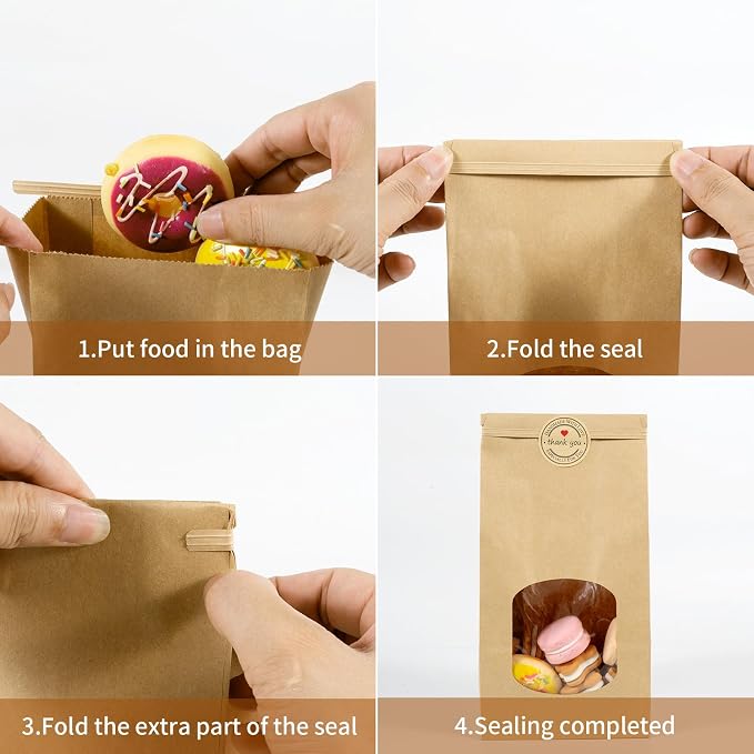 50 Kraft Paper Bags with Window - 4.5 x 2.56 x 9.6 Inch, Tin Tie Tab Lock Bags for Food Storage - Image 3