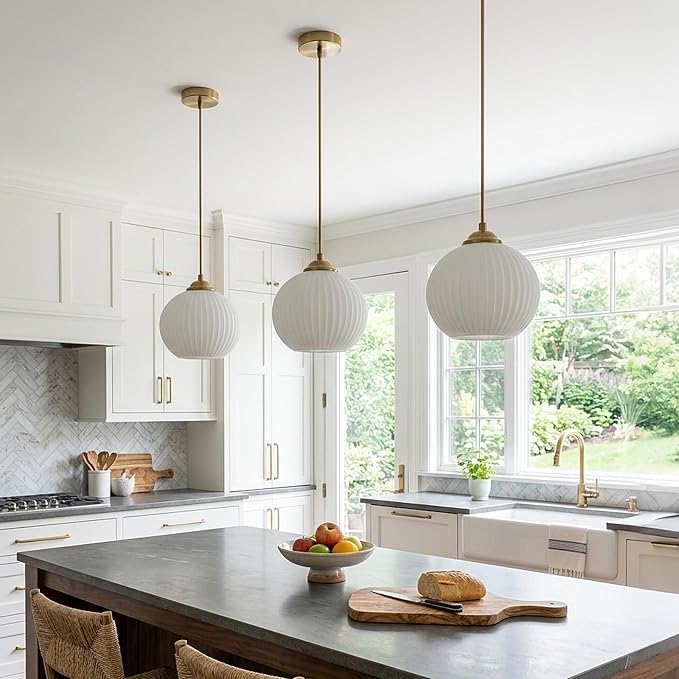 KCO Lighting Modern Brass Gold Globe 7.9” Ribbed Milk Glass Pendant Light | Small E26 Adjustable Cord Hanging Lamp, Mid Century Vintage Ceiling Light Fixture for Kitchen Island Dining Room Bedroom Bar - Image 5