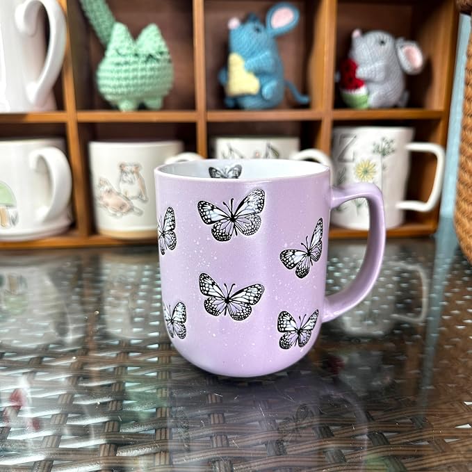 16oz Ceramic Coffee Mug for Office and Home, Hand Painted with Handles Tea Cup, Cute Vintage Butterfly Mug,Best Gifts for Women and Men,Dishwasher Microwave Safe (Light Purple) - Image 3