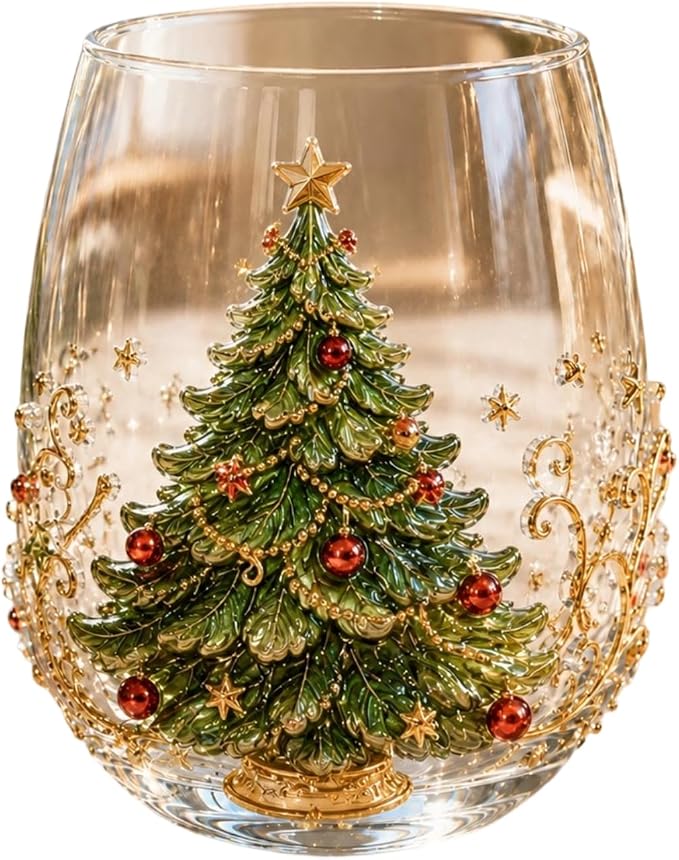 3D Christmas Glass Art Cup, Luxury Raised Holiday Glassware Collection | Cute Festive Stemless Wine Glasses,Artistic Holiday Table Ornaments,Perfect Christmas Home Decor Gifts for Various Beverages by Unknown