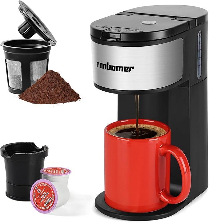 Ranbomer K Cup Coffee Maker, Single Serve coffee machine or Ground Coffee Machine 2 in 1, 6 to 14 Oz Brew Sizes, Mini One Cup Coffee Maker with Self cleaning Function (Black) by Ranbomer
