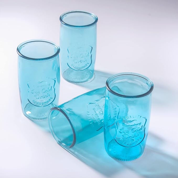 Glaver's Highball Glasses Set of 4 – 20oz Artistic Ice-Cold Pretty Blue – Vintage Glassware with Embossed Logo – Beverage Drinking Glasses for Water, Juice, Cocktails. Hand Wash. - Image 7