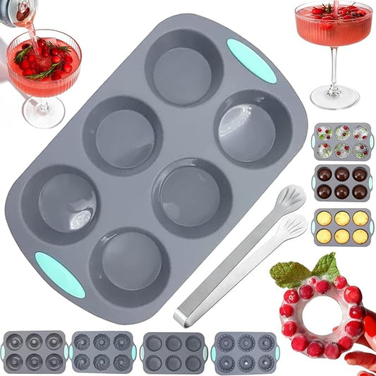 Wreath Ice Mold, Christmas Ice Cube Molds, Silicone Wreath Ice Cubes Tray, 6 Hole Silicone DIY Mold Suitable, Flexible Silicones Easy Release, for Holiday Cocktails/Chocolate/Desserts (E)