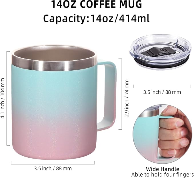 Volhoply 14oz Insulated Stainless Steel Coffee Mug with Lid Bulk 2 Pack,Double Wall Vacuum Travel Coffee Cup with Handle,Reusable Cups Tumbler,Camping Mugs Keep Hot,Ideal Gifts(Green Pink,2) - Image 2